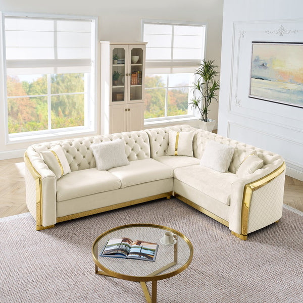 English Elm 106 Inch Velvet Tufted Chesterfield Sectional with Gold Steel Legs for Large Living Rooms Beige W1191S00047