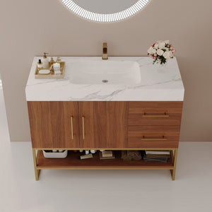 English Elm 36" Freestanding Bathroom Vanity Sintered Stone Top Integrated Basin Gold Hardware W3136S00057