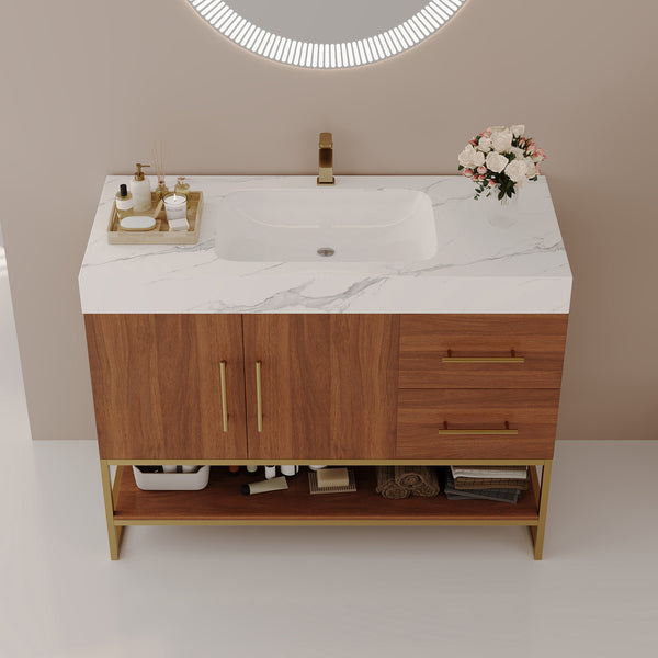 English Elm 36" Freestanding Bathroom Vanity Sintered Stone Top Integrated Basin Gold Hardware W3136S00057