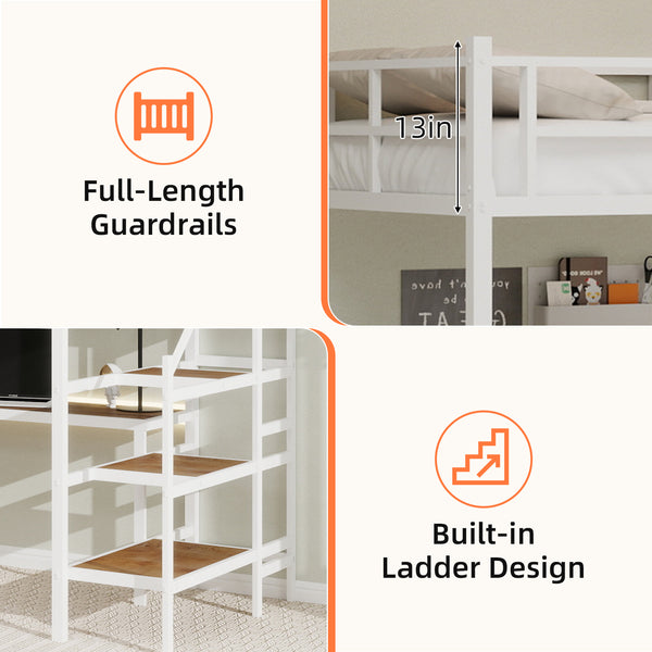 English Elm Loft loft bed with L-shaped desk, built-in storage stairs, 360° guardrail, sturdy iron frame for small rooms White W1935S00004