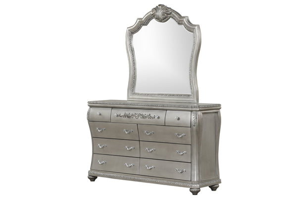 English Elm Destiny Traditional 5-Piece King Bedroom Set: Luxurious Upholstered Bed & Elegant Silver Finish B009S01359