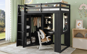 English Elm Twin Loft Bed with Wardrobe Desk Charging Station and Spotlights for Small Rooms Black LT000450AAB
