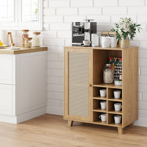 English Elm Rattan Cane Front Sideboard with Drawers Adjustable Shelf Bohemian Storage Cabinet Natural T3623P434759