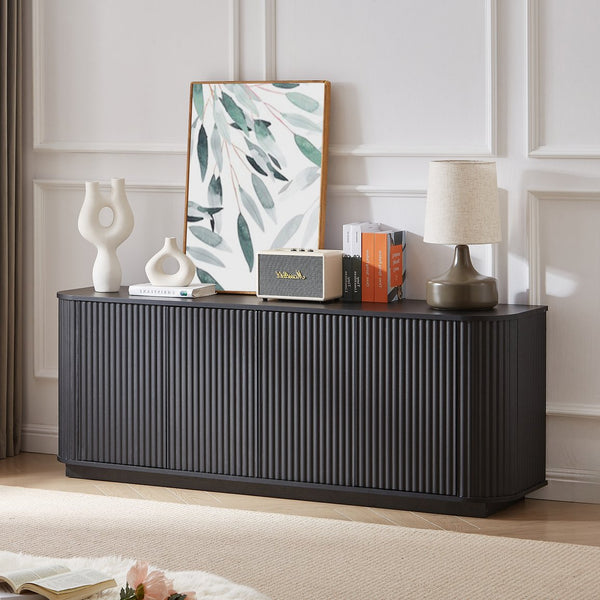 English Elm Sideboard Wave Front Buffet Cabinet with Push Open Doors and Matte Black Finish W1162P323741