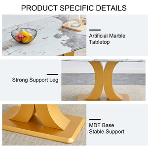 English Elm A modern minimalist dining table with imitation marble glass top, gold MDF legs, easy assembly, durable elegance W1151S01193