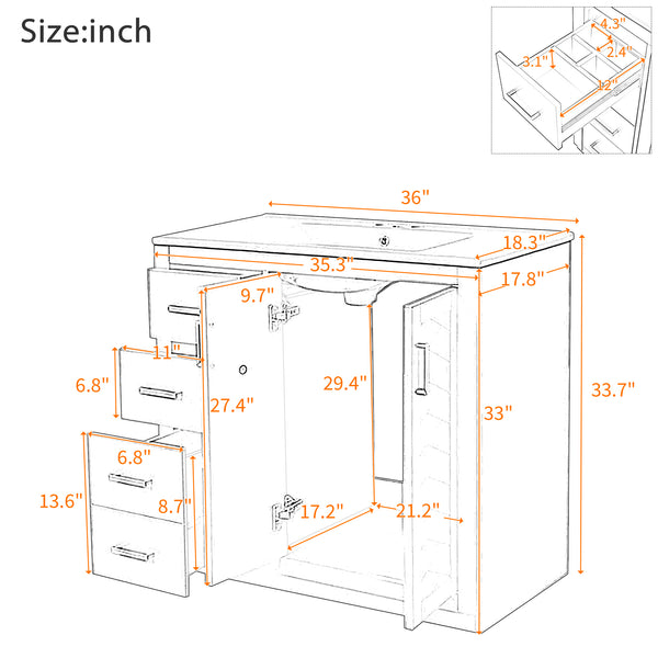 English Elm 36'' Bathroom Vanity with Ceramic Sink Combo, Solid Wood Frame, Soft-Close Drawers and Stylish Retro Groove Design White N710P291684K