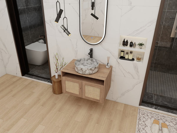 English Elm 30" Wall Mounted Bathroom Vanity Oak Finish Ceramic Art Sink Soft Close Storage W999S00493
