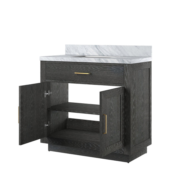 English Elm Black Oak Single Bath Vanity With Carrara Marble Top - Elegant Design, Solid Wood, Fully Assembled B2731P260808