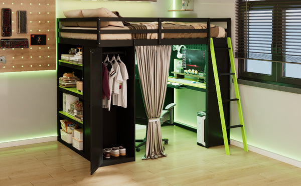 English Elm Full Size Wood Loft Bed with Wardrobe Desk Shelves Rgb Lighting and Blackout Curtains Black+Green LT000269AAF-1