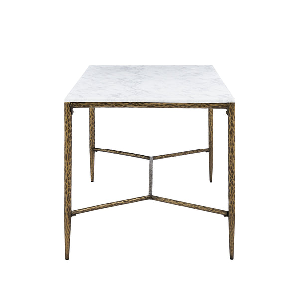English Elm 6-seater Faux Marble Dining Table with Hammered Iron Brass Accent Legs Modern Loft Forged Brass N771P392428Z