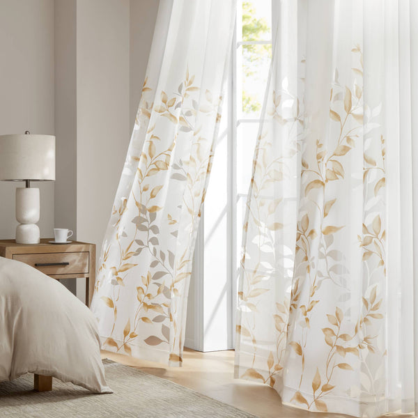 JLA Home Madison Park - Burnout Botanical Curtain Panel with OEKO-TEX Fabric, Silver Grommets, Textured Layered Print for Modern Rooms Yellow MP40-7434