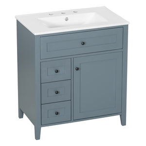 English Elm 30-Inch Contemporary Bathroom Vanity with Sink, MDF & Rubberwood, Glossy Finish, 3 Drawers + Cabinet Blue Gray N725P350819E