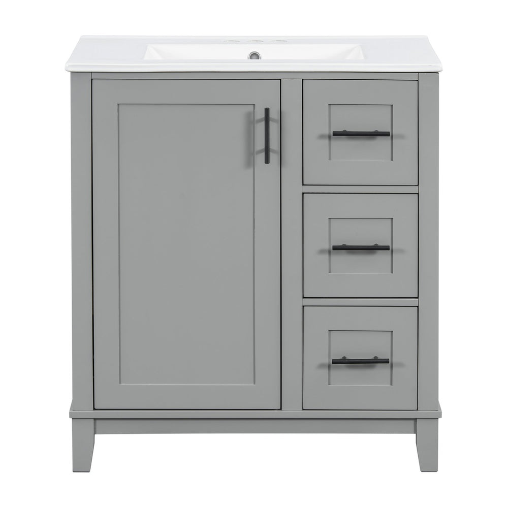 English Elm 30-inch Modern Bathroom Vanity with Ceramic Basin, Rubberwood Frame, Soft-Close Drawers & Organized Storage White N729P290689K