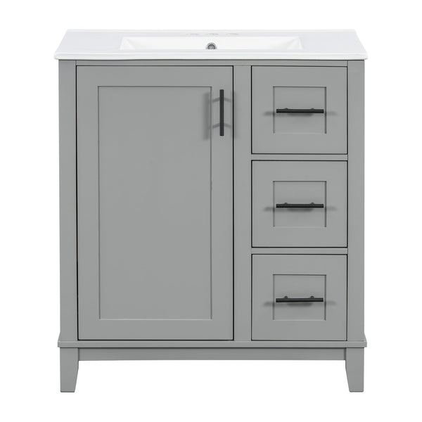 English Elm 30-inch Modern Bathroom Vanity with Ceramic Basin, Rubberwood Frame, Soft-Close Drawers & Organized Storage Grey N729P290689E