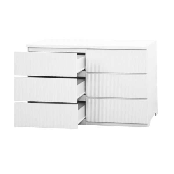 English Elm Modern Six Drawer Dresser with Wave Panel Fronts Handleless Design for Bedroom White W409P371358