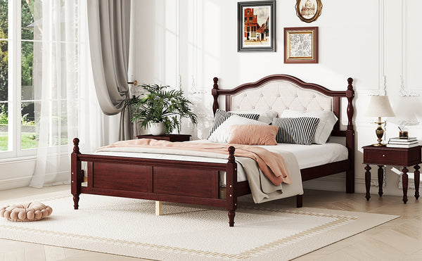 English Elm Queen Pine Wood Bed Upholstered Headboard Panel Footboard Classic Cherry Finish W504P181801