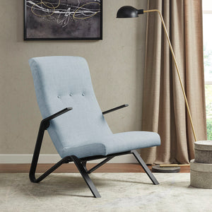 JLA Home Martha Stewart - Accent Chair Sleek Light-Blue Upholstered High-Back with Matte-Black Metal Arms & Legs, Modern Comfort MT100-0137