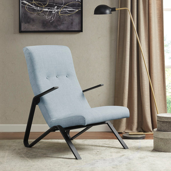 JLA Home Martha Stewart - Accent Chair Sleek Light-Blue Upholstered High-Back with Matte-Black Metal Arms & Legs, Modern Comfort MT100-0137