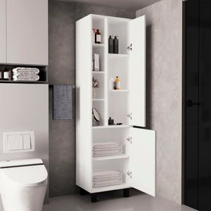 English Elm Stanton Tall Storage Cabinet, Two Doors + Three Open Shelves in Kronos White — Slim, Durable Organizer B200P335363