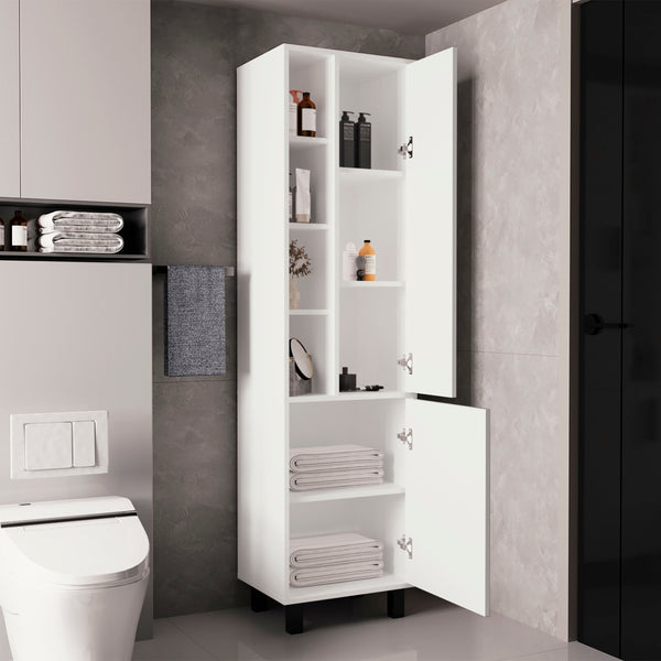 English Elm Stanton Tall Storage Cabinet, Two Doors + Three Open Shelves in Kronos White — Slim, Durable Organizer B200P335363