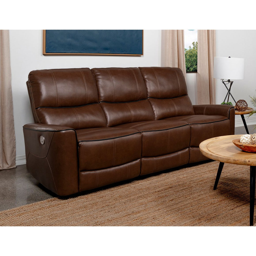 English Elm Ashland Saddle Brown Leatherette Power Reclining Sofa with USB Port, Plush Attached Cushions Comfort B062P353260