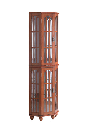 English Elm Corner Curio Cabinet with 6 Shelves, Tempered Glass Display, Built-In Lighting, Mirrored Back Walnut W1693P216949
