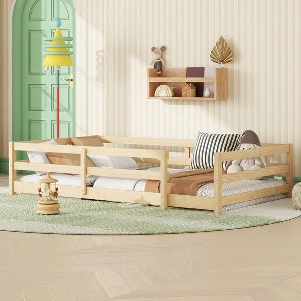 English Elm Twin Pine Montessori Floor Bed for Kids with Safety Fence, Low Profile Twin Frame, Natural Finish W1820P331919