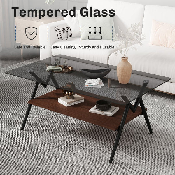English Elm Coffee Table Set Of 3 With Gray Tempered Glass Top, Stylish Mdf Shelf & Iron Legs For Modern Living W241S00047