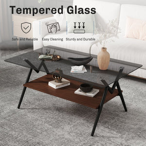 English Elm Rectangle Coffee Table With Tempered Glass Top & Brown Mdf Shelf – Modern Elegance For Any Space W241142564-GIGA