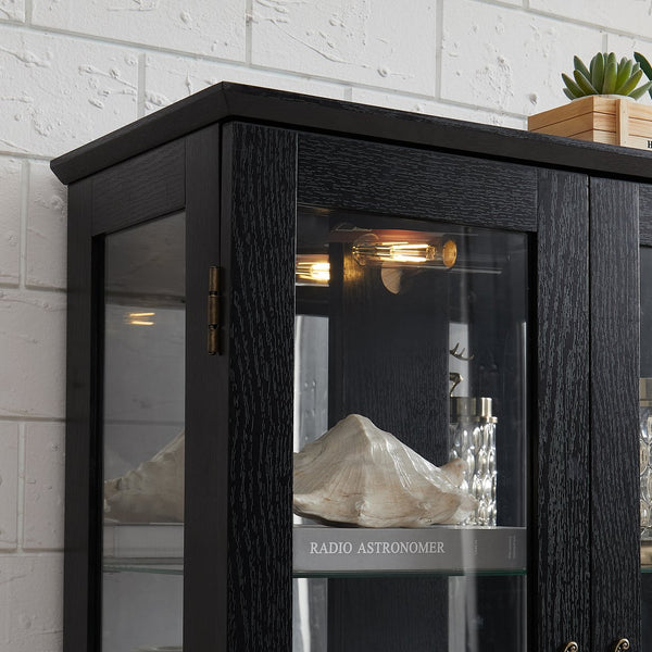English Elm Lighted Curio Cabinet With Adjustable Shelves & Built-In Drawer - Elegant Display With Lighting, Black W1758P297549