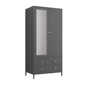English Elm Metal Armoire Retro Steel Wardrobe with Mirror Door, 2 Drawers, Hanging Rod & Magnetic Closure, Dark Gray W2378P176281