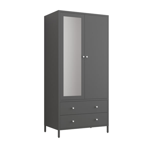 English Elm Metal Armoire Retro Steel Wardrobe with Mirror Door, 2 Drawers, Hanging Rod & Magnetic Closure, Dark Gray W2378P176281