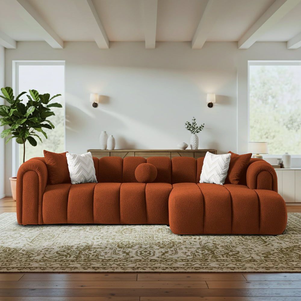 English Elm Beatrice Channel Tufted Boucle Sectional Sofa Deep Seating Modern Living Room Burnt Orange B183S00219