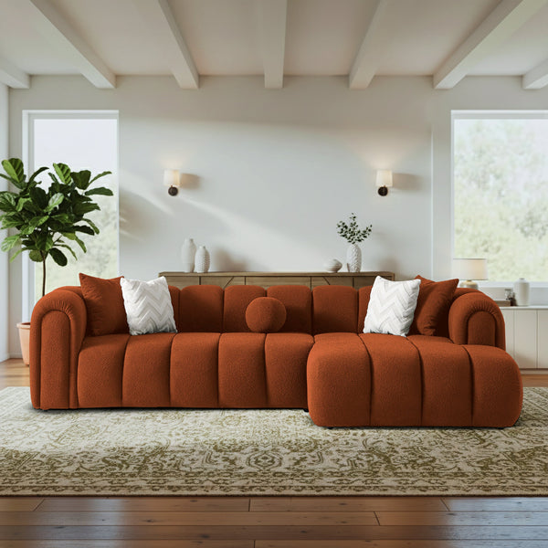 English Elm Beatrice Channel Tufted Boucle Sectional Sofa Deep Seating Modern Living Room Burnt Orange B183S00219