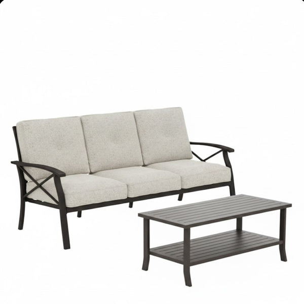 English Elm 2 Piece Outdoor Steel Sofa Set with Coffee Table Powder Coated for All Weather Patios Light Khaki+Beige B082P455152