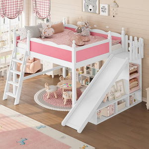 English Elm Queen Loft Bed With Fun Slide, Storage Shelves, Solid Wood Construction, Pink & White Finish, Easy Assemble W1580S00248-GIGA