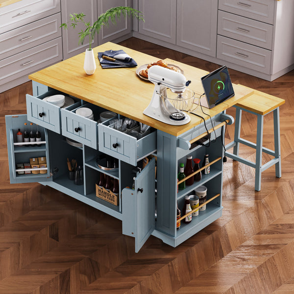 English Elm K&K 53" Large Kitchen Island with 2 Stools, Built-In Power Station, Wheels, Drop Leaf & Ample Storage Grey-Blue N707S000007G