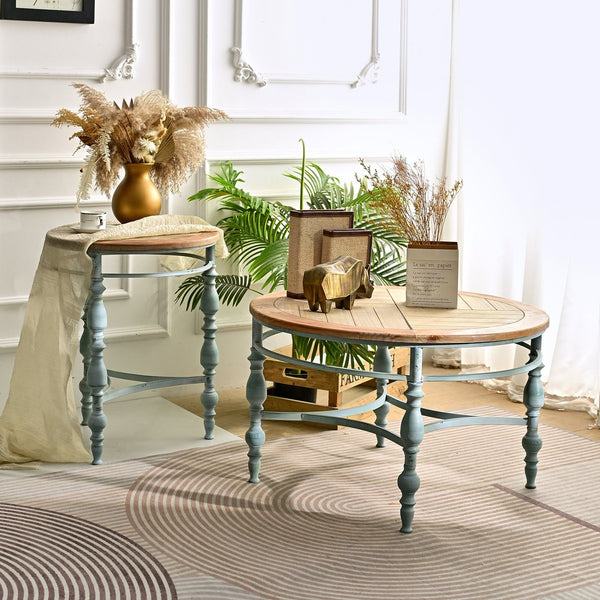English Elm Easy Assembly Round Carved Wood End Table Rustic Distressed Finish for Living Room W3933P379165