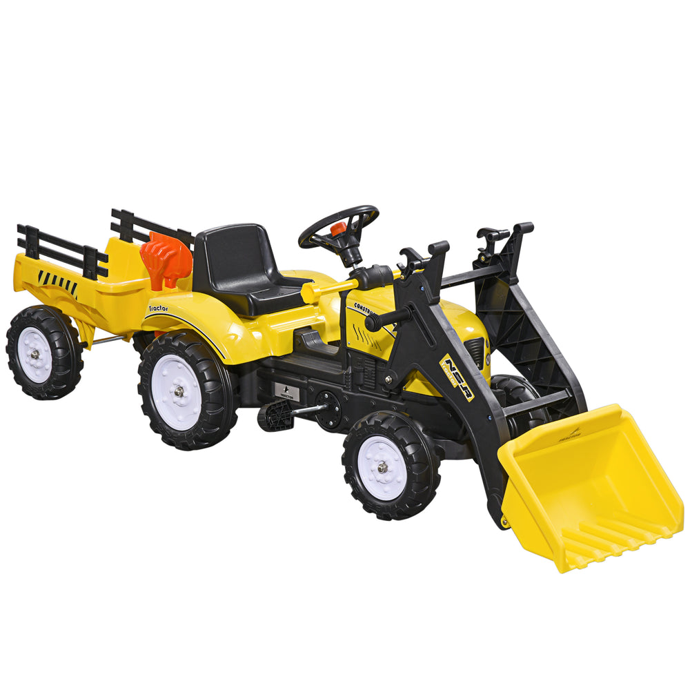 English Elm Aosom Kids Pedal Excavator with Functional Bucket Six Wheels and Detachable Cargo Trailer W2225P249789