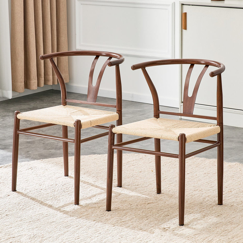 English Elm Wesborn Artisan Rope Woven Iron Dining Chair Set Medieval Y Back Industrial Style Brown W2920P430785