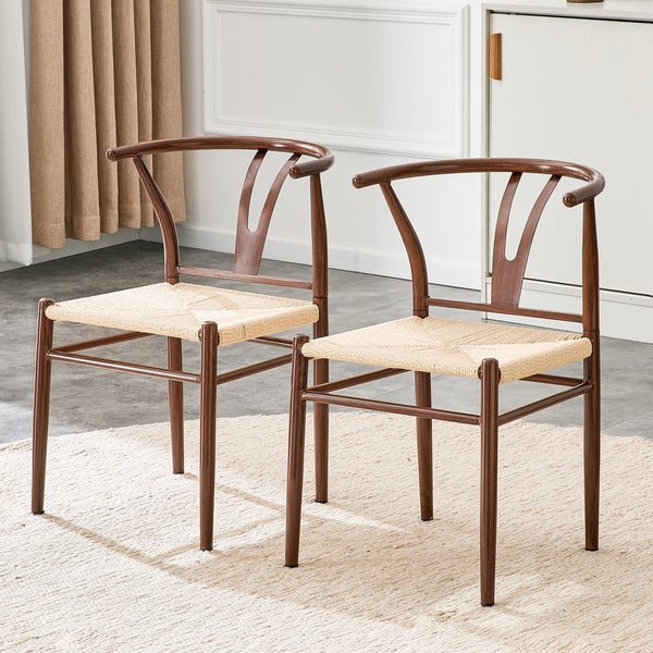 English Elm Wesborn Artisan Rope Woven Iron Dining Chair Set Medieval Y Back Industrial Style Brown W2920P430785