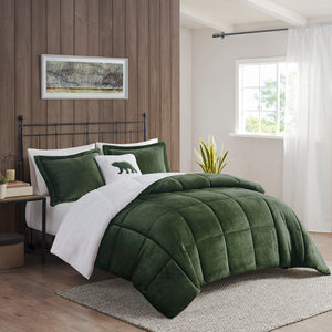 Woolrich Alton Lodge/Cabin Plush to Sherpa Down Alternative Comforter Set WR10-3887 Green/Ivory