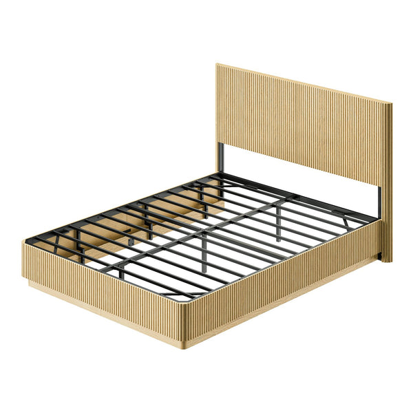 English Elm Queen Bed Frame with Led Lighting Curved Groove Panels and Floating Base Modern Bedroom Oak W1820S00050