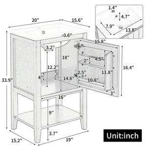 English Elm 20" Matte Freestanding Bathroom Vanity Rubberwood Cabinet Ceramic Sink Open Shelf Grey N725P391115E