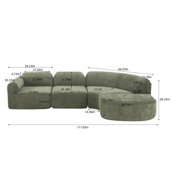 English Elm 111" Curved Sectional Sofa Set Plush Lamb Wool Upholstery Deep Seat Ottoman Lounge Green N767P371305G