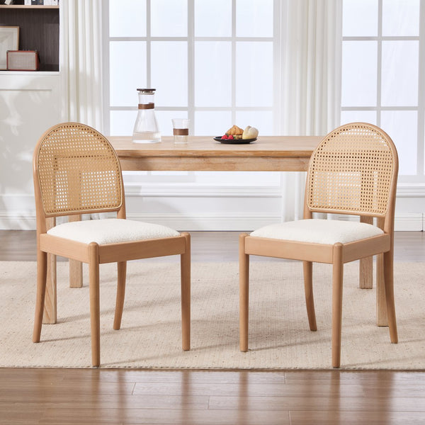 English Elm Rattan Backrest Dining Chairs Set of 2 Teddy Fabric Cushion Solid Wood Legs Kitchen Beige W3244P475485