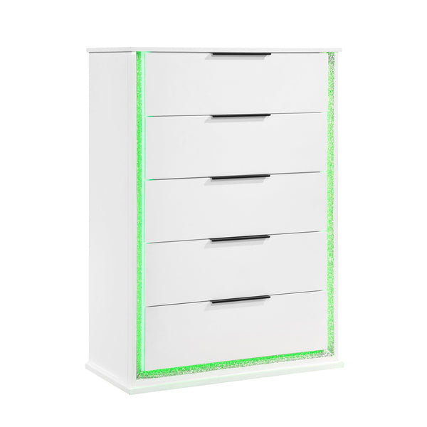 English Elm Contemporary Glam White Vertical Dresser with Led Lighting and Silver Trim for Bedroom B011P458601
