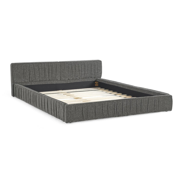 English Elm Queen Upholstered Bed Frame In Soft Grey Chenille With Pleated Design – No Box Spring Needed! W487S00337-GIGA