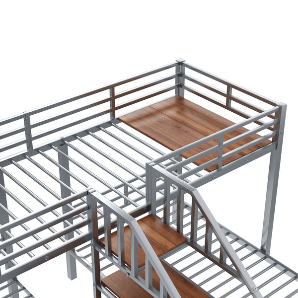 English Elm Metal Triple Bunk Bed Space-Saving Twin over Twin & Twin Design with Staircase Storage Shelves, Durable Metal Frame Silver GX001115AAN