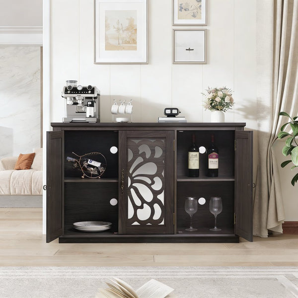 English Elm 49.33" Mirrored Lattice Buffet Cabinet with Adjustable Shelves Vintage Wood Grain Sideboard Dark Brown W2899P372741